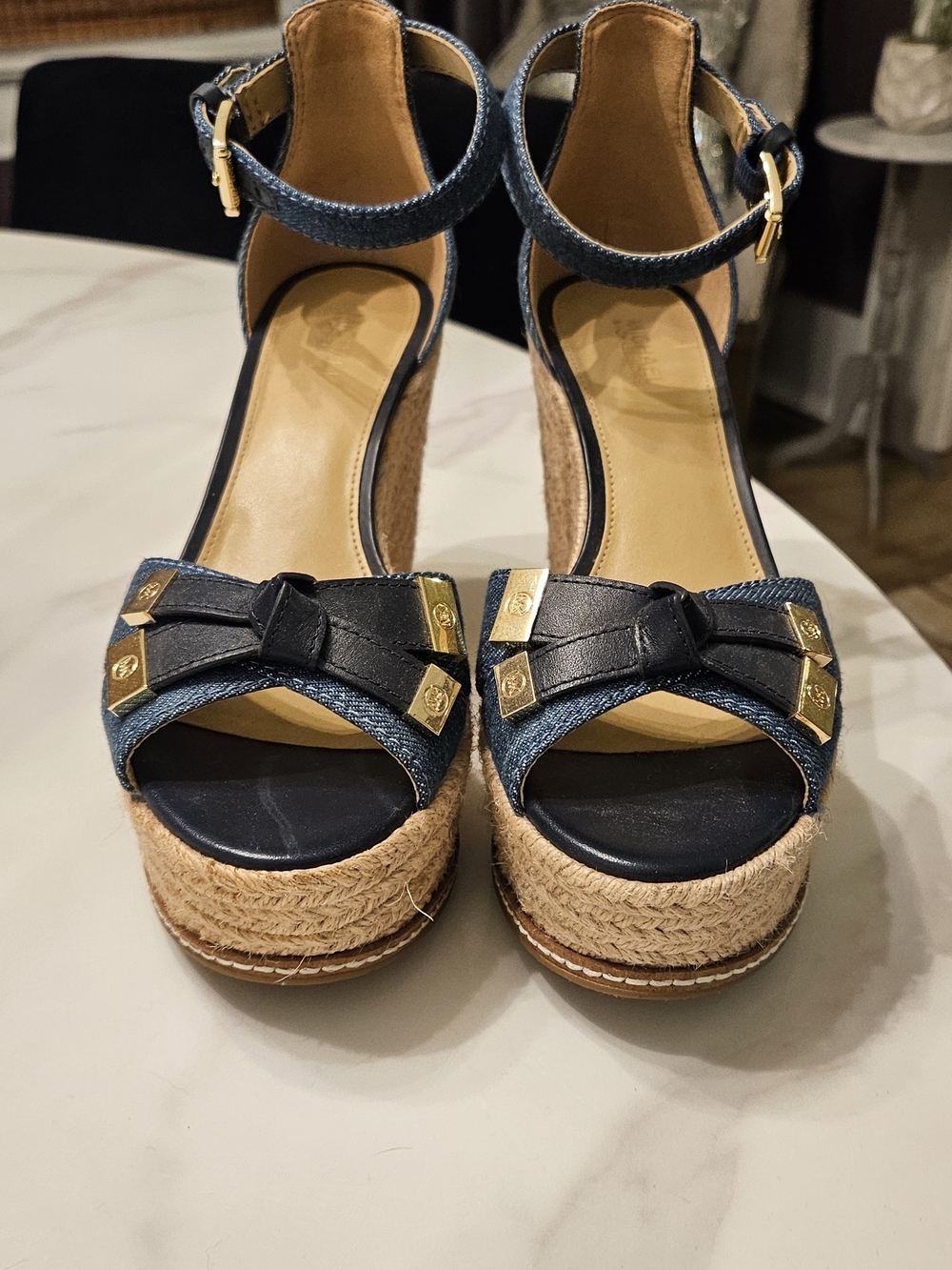 MICHAEL Michael Kors Navy Denim & Tan Jute Wedge Sandals with Gold Hardware - Picture 3 of 6